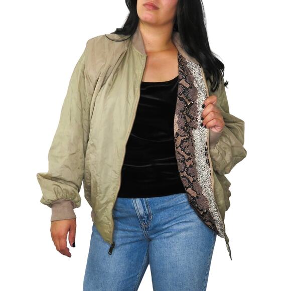 1980s Vintage Brown Snakeskin Reversible Bomber Jacket Large - Picture 9 of 10